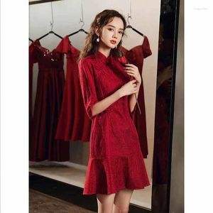 Etnik Giyim Retro Kırmızı Gelin Düğün Tost Cheongsam Çinli Kadınlar Akşam Partisi Elbise Oryantal Genç Kızlar Mandarin Yakası Qipao