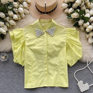 Women's Blouses Summer Vintage French Heavy Work Beaded Neck Bubble Sleeve Shirt High Quality Single Breasted Small Top Trend