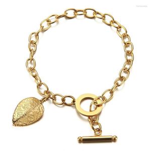 Charm Bracelets Stainless Steel Leaf Bracelet For Men Women Toggle Chains On Hands Vintage Jewelry Gold/ Sliver Color Raym22