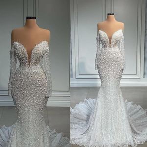 Abiti da sposa a sirena con illusione di perle pesanti per donne africane 2022 Abito da sposa con perline trasparenti con maniche lunghe vintage a strascico lungo 287D