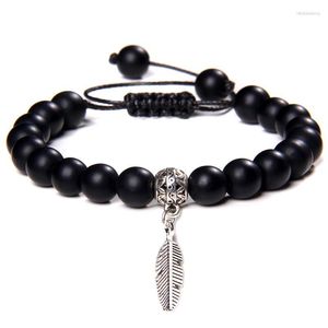 Strand Natural Onyx Stone Beads Braided Bracelet Men Vintage Silver Color Feather Pendant For Women Homme Jewelry Gift Pulsera