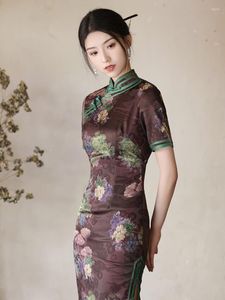 Ethnic Clothing Elegant Floral Print Cheongsam Retro Improved High Split Qipao Modern Women Sexy Chinese Traditional Dress