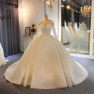 Sparkling 2021 Ball Gown Wedding Dresses Sheer Jewel Neck Appliqued Sequins Long Sleeves Lace Bridal Gowns Custom Made Abiti Da Sp206c