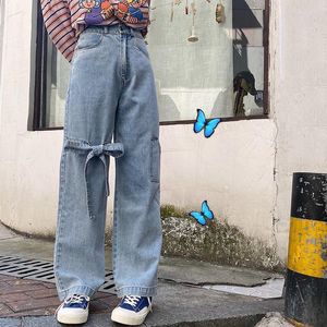 Jeans da donna Donna Bowknot Pantaloni a gamba larga in denim Sciolto Semplice per il tempo libero Carino Vita alta Coreano 2023 Trend Autunno Donna casual
