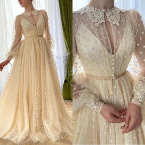 Fashion Beige Prom Dresses Lace Appliques Collar Illusion Sleeves Evening Gowns Ruched A Line Formal Red Carpet Long Special Ocn Party Dress