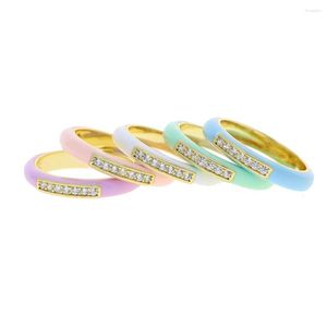 Fedi nuziali Smalto pastello con 5A Cubic Zirconia Color oro Finger Band Candy Colorful Women Girl CZ Eternity Ring