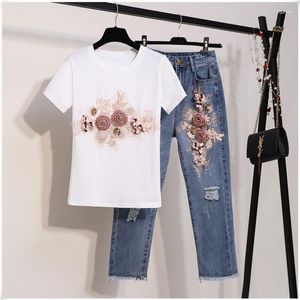 Women's Tracksuits Summer Denim Women's Suit Embroidered Beads 3D Flower Short Sleeve Crew Neck T-shirt Ripped Cropped Jeans