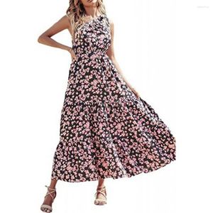 Casual Dresses Knot One Shoulder Maxi Dress Sleeveless Waist Tight High-Waist Summer Women Sweet Floral Print Ruffle Hem