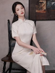 Vestuário étnico estilo chinês manga curta cheongsam feminino cetim diário vestido casual verão gola mandarim longo qipao