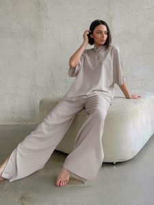 Kvinnors sömnkläder Hiloc halv ärm Cotton Löst slits breda benbyxor sätter fast färg Elegant kvinnors mode i matchning