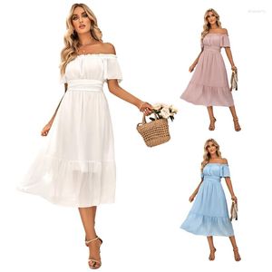 Casual Dresses Women Dress Off the Shoulder Low Hem 2023 Summer Fashion One-Piece Kortärmad för festshopping