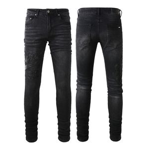 Mens Jeans para rapazes Rip Slim Fit Skinny Man Calças Red Star Patches Vestindo Biker Denim Stretch Cult Stretch Motocicleta Trendy Long Straight Hip Hop com Buraco Blue349Y