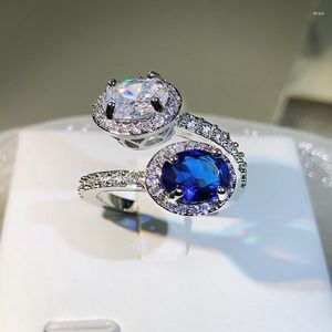 Cluster Rings Oval Two-color Stitching White Sapphire For Women Drop Ring Luxury Noble S925 Sterling Silver Opening Adjustable