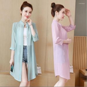 Women's Blouses Summer Women Sun Protection Clothing 2023 Solid Mid-Long Chiffon Cardigan Shawl Air-Conditioning Shirt Thin Coat Female 5XL