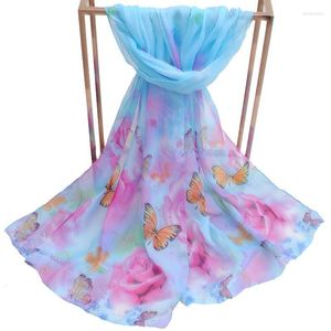 Foulards écharpes pour dames papillon Rose impression Bufanda Mujer tête gaze foulard bleu Royal femmes longue mousseline de soie Hijab écharpe