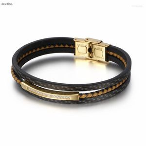 Bangle Fashion Multilayer Weaving Leather Men Bangles Gold Color Stainless Steel Square Zircon Bracelets JewelryBangle Raym22