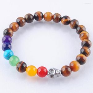 Strand Natural Tigers Eye Stone 8mm Round Beads Ghost Head Armband 7 Chakra Meditation Prayer Yoga Women Jewelleryik3177