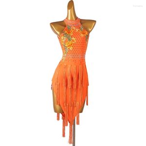 Stage Wear Latin Dance Dress Competition Skirtes Costumes Skirt Performing Orange Rhinestones Fringe