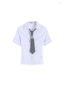 Damskie bluzki 2000s Retro White Kolor Koszulka Lapel krótki rękaw Slim Y2K Vintage Over-Shirt Ladies Pojedynczy piersi styl preppy