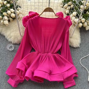 Women's Blouses European American Fashion Sexy Blusas Three-Dimensional Flower Sweet Shirt Ruffle V-Neck Chiffon Solid Color