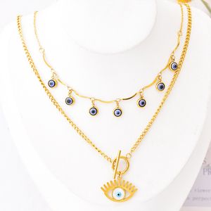 Women Necklace Earrings Set Titanium Steel Blue Circular Eye Double Layer Collarbone Chain Fashion Jewelry Gift