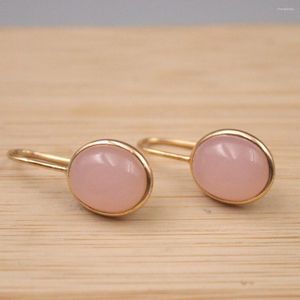 Dingle örhängen riktig silver 925 för kvinnor kvinnlig fin rosa chalcedon rund ädelsten 18k guldpläterad krok 24 12mm