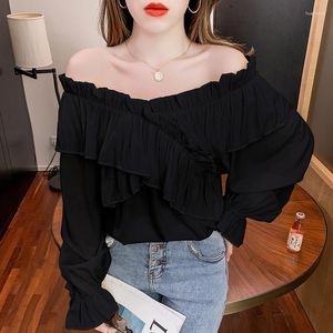 Women's Blouses Korean Fashion Slash Neck Spliced Pleats Women Tops Casual Lady Shirts Woman Shirt Female Girls Long Sleeve Blouse 2