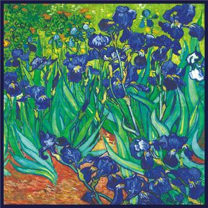 스카프 여성 van Gogh Iris 꽃 그림 프린팅 스퀘어 스카프 헤드 에코 실크 파울라드 펨 메르 랩 비치 숄 두건 레이디 히잡 x 90cm