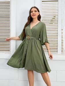 Plusstorlekar Valentine Day Half Sleeve Button Up V Neck Dress with Belt Women's Elegant Slim Fit Women