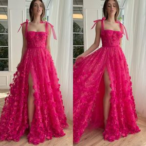 Sexy Rosy Pink Ballkleider Spaghetti Blumenapplikationen Abendkleider Schlitz Halbformal Roter Teppich Langes Kleid für besondere Anlässe