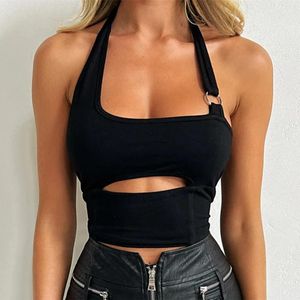 Regata feminina sem mangas verão cropped top feminino decote em U oco fino frente única para adolescentes camisetas básicas Y2k fit colete cropped