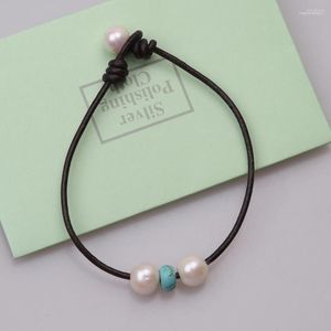 Strand Women White Pearls Bracelet Bangles For Genuine Leather Cord Jewelry Handmade Girls Blue Beaded Wristband