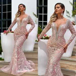 Pink Mermaid Evening Dress Deep Veck Beading Tassels Appliques Party Dresses Custom Made Glitter Floor Length Prom Gowns