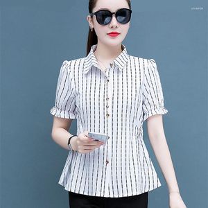 Kvinnor BLOUSES SOMMERPRESTED SHIRTS Women Short Ruffles Sleeve Blue Shirt Tunic Slim Fit Lady Flowers Top Korea Style Tees 2023