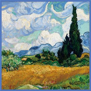 Silk Scarf Women Van Gogh Wheat Fields And Trees Painting Square Scarves Head Echarpes Silk Foulards Femme Wraps Beach Shawls Bandana Lady Hijabs 90CM X 90CM