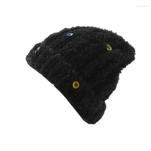 Beanies Button Decor Black Fur Beanie Skull Cap Winter Warm Knit Hat Lightweight Valentines Gifts