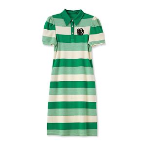 2023 Summer GreenStriped Print Dress Short Sleeve Lapel Neck Buttons Midi Casual Dresses W3L046212