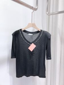 Kadın Tişörtleri Boyun Çivi Pırlanta V Neck Omuz Pedi İnce Kısa Kol Günlük Moda