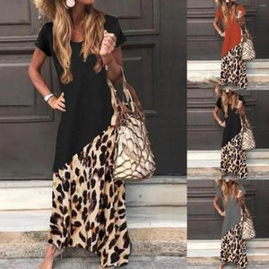 Casual Dresses European och American Summer Women's Short Sleeved Leopard Print Loose Splice Extra Long Halter Neck Maxi Dress