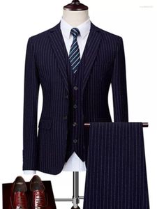 Herrenanzüge für Herren, lässig, Hochzeit, gestreift, Schwarz/Marineblau, für Herren, maßgeschneidert, Smoking, dünn, 3-teilig, Blazer, Hose, Slim-Fit, Jacke, Weste, Hose