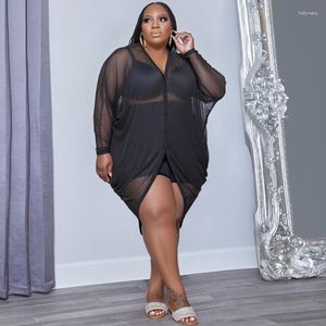 Vestidos Plus Size Casaco de Malha Perl Vestido Sexy Ver Através da Roupa Feminina Perspectiva Decote em V Roupa de Botão Roupa de Boate Vestido 2023Plus