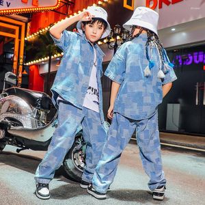 Scena noszenie dziecięce ubrania hip -hopowe szachownica dżinsowa koszula z krótkim rękawem dżinsy streetwearne workowate spodnie dla dziewczynki chłopiec jazz taniec ubrania