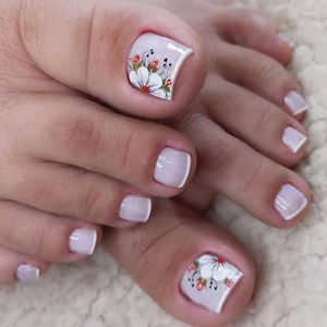 Unhas postiças 24 pçs/caixa com flores, unhas postiças, cobertura completa, estilo francês, flor de verão, design de flores, acrílico, remendo para mulheres