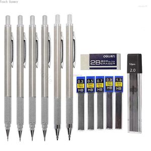 Full Metal Mechanical Pencil Set 0,5 0,7 0,9 1,3 2,0 mm Leads Art Drawing målning Automatiska skolkontorsmaterial