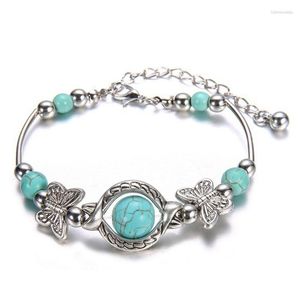 Link Bracelets Chain Delysia King 2023 Trendy Women Butterfly Bracelet Carved Pattern Personality Beaded Turquoise Hand Raym22