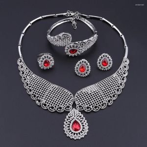 Colar Brincos Conjunto OEOEOS Casamento Noiva Para Mulheres Vermelho Prata Cor CZ Strass Vintage Dubai Contas Africanas Jóias