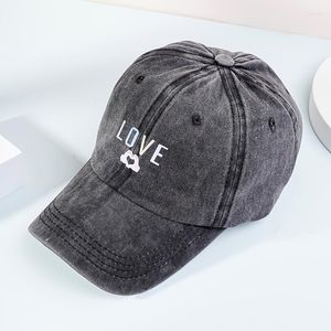 Beanies Print LOVE Hand Heart Washed Baseball Cap Outdoor Adjustable Casual Style Hat Valentine Gifts For Her