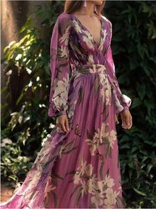 2023 herbst Frauen Kleider Mode Bohemian Floral Bedruckte V-ausschnitt Langarm Plissee Chiffon Kleid Großhandel Freies Schiff Z4 Casual