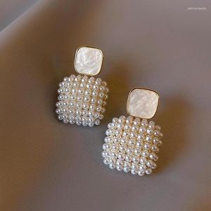 Kolczyki Dangle Square White Pearl for Women Eleganckie oświadczenie 2023 Trend Korean Butter Bow Love Geometryczne biżuterię imprezową
