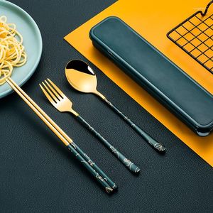 Dinnerware Sets 3pcs 304 Stainless Steel Cutlery Set Western Tableware Square Chopsticks Mirror Polished Fork Spoon With Box Kitchen Utensil